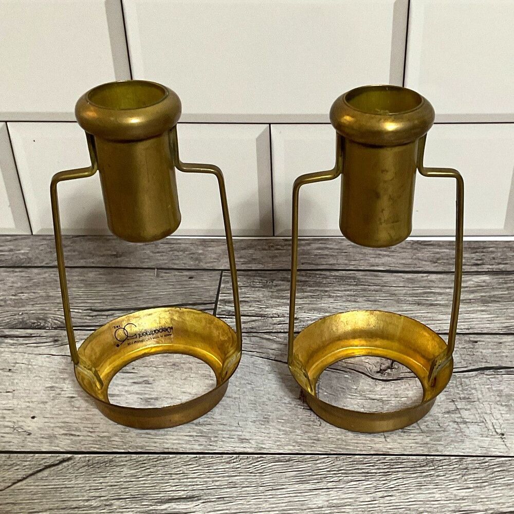 Vtg Gold Brass Finish Metal Round Taper Candle Holders 4.5” Freestanding Set 2